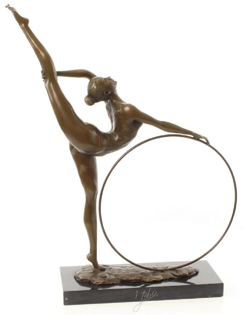 Casa Padrino Luxus Bronzefigur Hula Hoop Tänzerin Bronze / Schwarz 46,2 x 14,2 x H. 57 cm - Deko Bronze Skulptur mit Marmorsockel