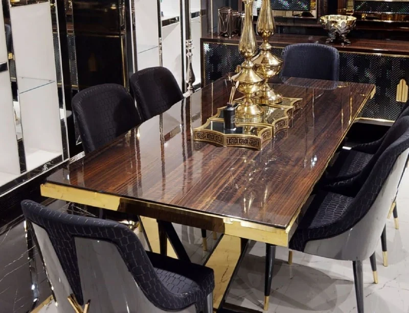Casa Padrino Luxus Esstisch Dunkelbraun / Gold 220 x 110 x H. 81 cm - Rechteckiger Massivholz Küchentisch - Esszimmer Möbel - Luxus Möbel - Luxus Einrichtung