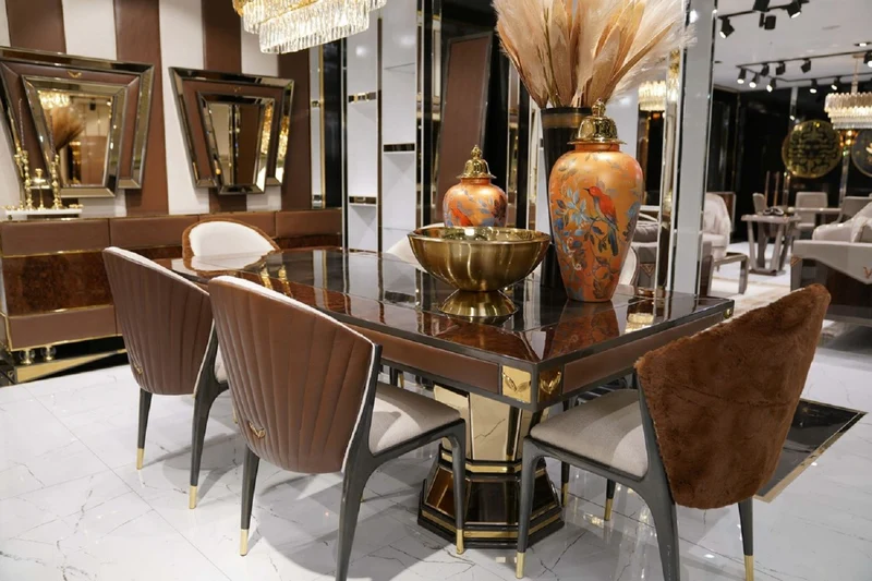 Casa Padrino Luxus Esstisch Braun / Grau / Gold 226 x 112 x H. 70 cm - Rechteckiger Küchentisch mit Spiegelglas und edlem Kunstleder - Esszimmer Möbel - Luxus Möbel