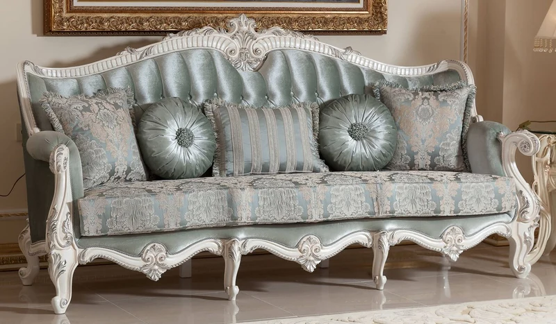 Casa Padrino Luxus Barock Sofa Grün / Beige / Weiß / Silber - Prunkvolles Wohnzimmer Sofa mit elegantem Muster - Barock Möbel - Luxus Wohnzimmer Möbel im Barockstil - Edel & Prunkvoll