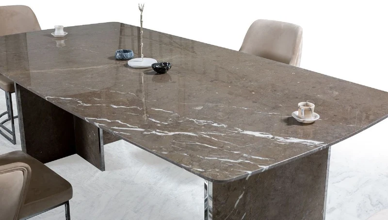 Casa Padrino Luxus Marmor Esstisch Braun / Silber 220 x 110 x H. 75 cm - Rechteckiger Marmor Küchentisch - Esszimmer Möbel - Marmor Möbel - Luxus Möbel - Esszimmer Einrichtung - Luxus Einrichtung