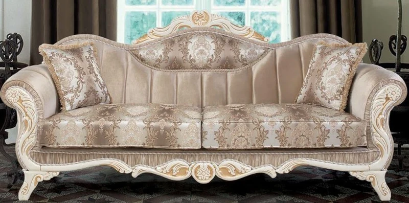 Casa Padrino Luxus Barock Sofa mit Kissen Beige / Weiß / Gold 237 x 90 x H. 99 cm - Barock Wohnzimmer Möbel