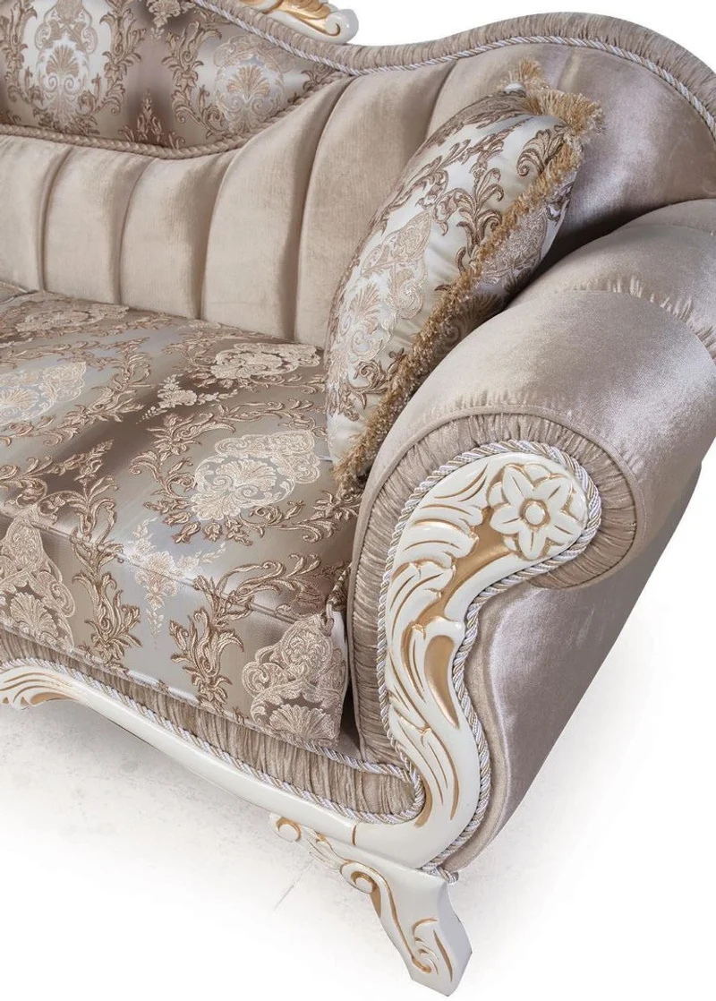 Casa Padrino Luxus Barock Sofa mit Kissen Beige / Weiß / Gold 237 x 90 x H. 99 cm - Barock Wohnzimmer Möbel