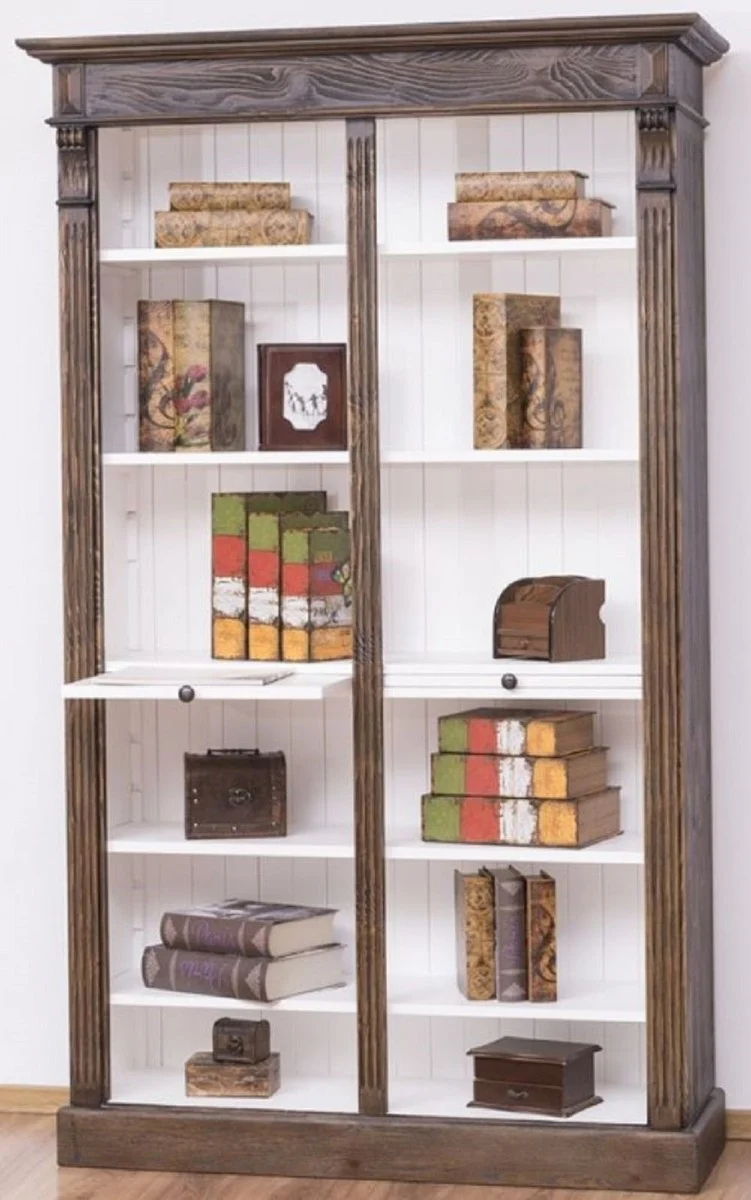 Casa Padrino Landhausstil Bücherschrank Braun / Weiß 120 x 37 x H. 197 cm - Massivholz Schrank - Regalschrank - Wohnzimmerschrank - Landhausstil Möbel
