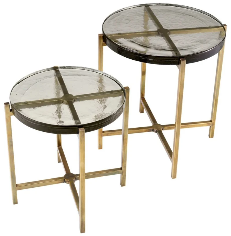 Casa Padrino Luxus Beistelltisch Set Vintage Messing - 2 runde Edelstahl Tische mit Glasplatte - Wohnzimmer Möbel - Hotel Möbel - Luxus Möbel - Luxus Einrichtung - Möbel Luxus