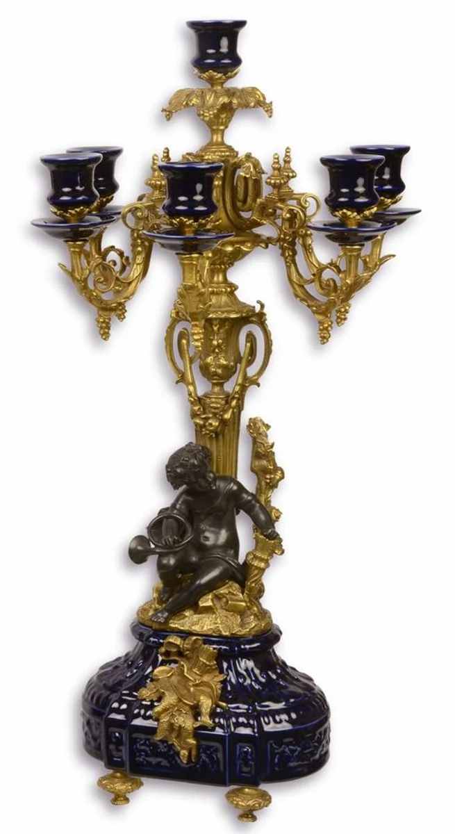 Casa Padrino Barock Kerzenständer Dunkelblau / Gold 29,5 x 26,5 x H. 59,4 cm - Barockstil Kerzenhalter