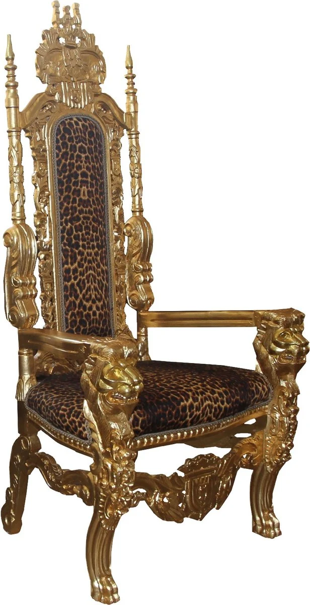 Casa Padrino Barock Thron Sessel Gold / Leopard Königssessel - Hochzeitssessel - Riesensessel