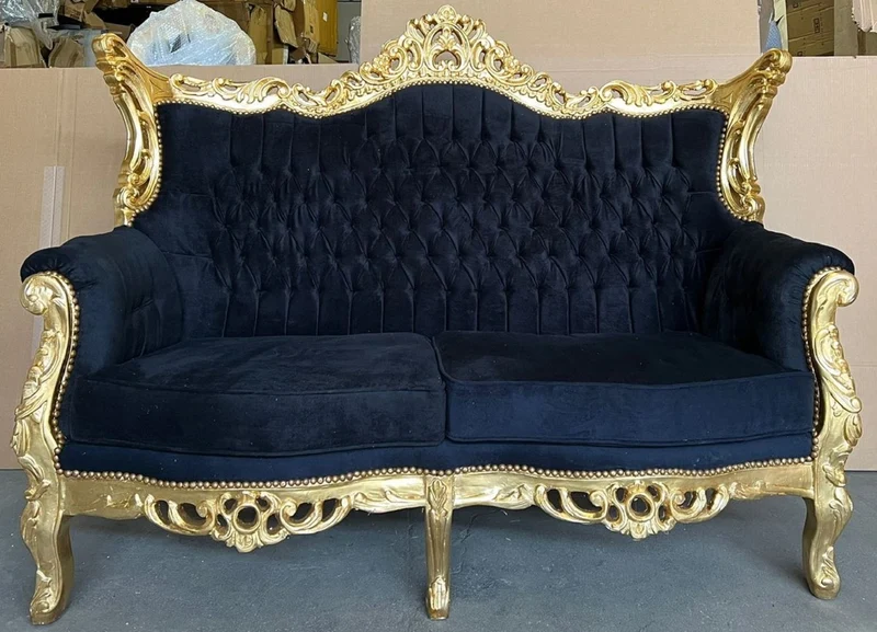 Casa Padrino Barock 2er Sofa Schwarz / Gold - Handgefertigtes Antik Stil Wohnzimmer Sofa - Antik Stil Wohnzimmer Möbel - Barock Wohnzimmer Möbel - Edel & Prunkvoll