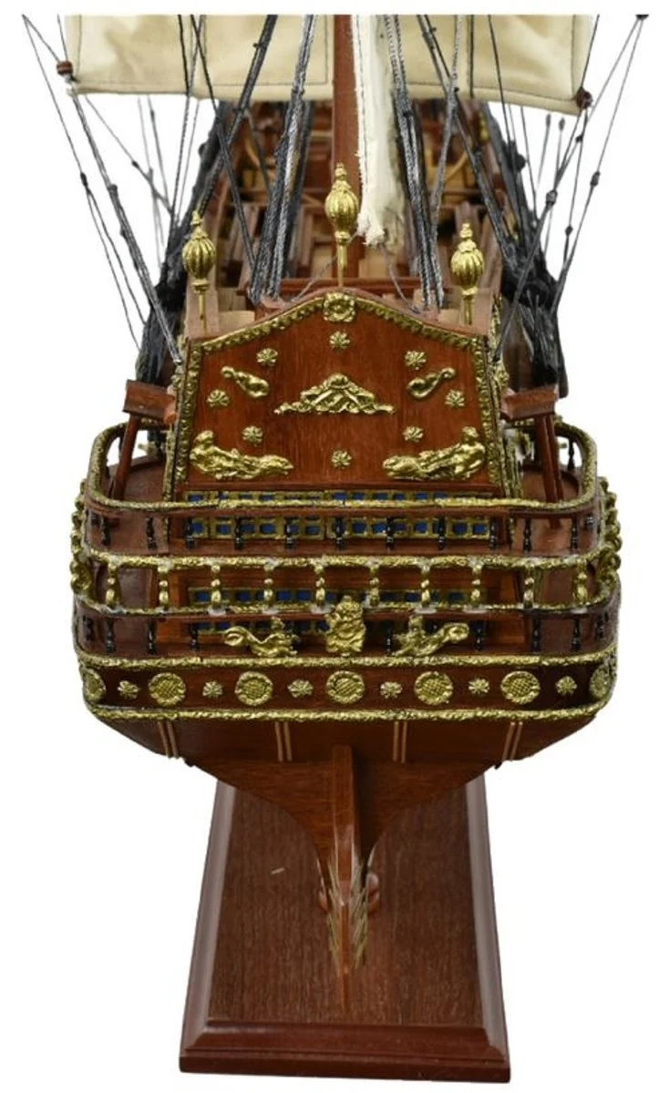 Casa Padrino Luxus Flaggschiff San Felipe Dunkelbraun / Braun / Messing 95 x 29 x H. 90 cm - Handgefertigtes Spanisches Deko Schiff - Holzschiff - Segelschiff - Kriegsschiff - Deko Accessoires