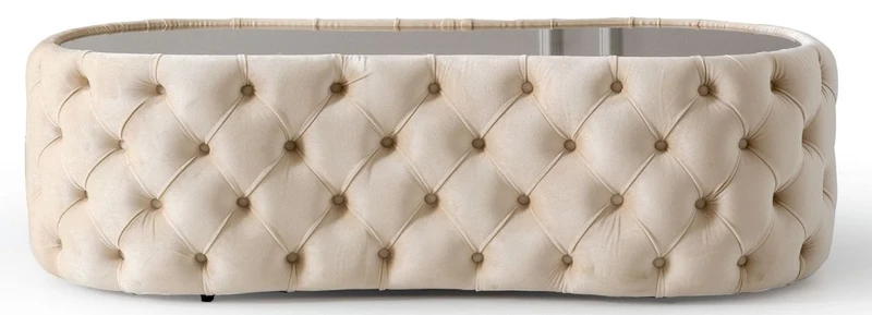 Casa Padrino Luxus Chesterfield Couchtisch Creme 140 x 80 x H. 45 cm - Wohnzimmertisch mit Glasplatte - Wohnzimmer Möbel - Chesterfield Möbel - Luxus Möbel - Luxus Einrichtung
