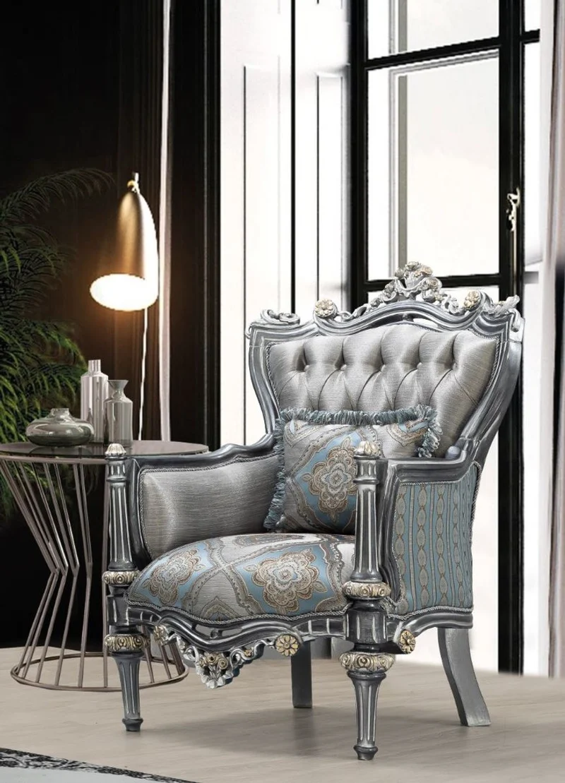 Casa Padrino Luxus Barock Sessel Silber / Türkis / Gold 83 x 80 x H. 120 cm - Prunkvoller Massivholz Wohnzimmer Sessel mit elegantem Muster und dekorativem Kissen - Barock Wohnzimmer Möbel