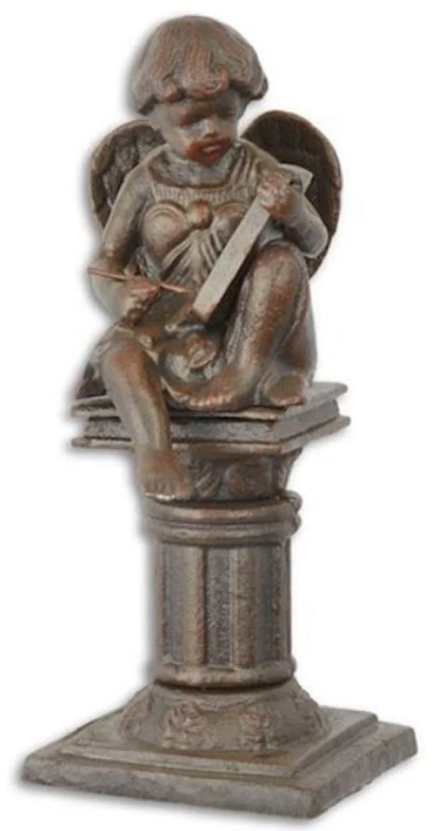 Casa Padrino Jugendstil Gartendeko Gusseisen Figur Engel auf Säule Braun 16,7 x 14,1 x H. 34,1 cm - Garten & Terrassen Deko Skulptur - Barock & Jugendstil Deko Accessoires