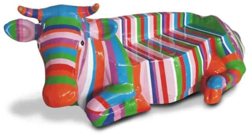 Casa Padrino Designer Sitzbank Kuh mit Streifen Bunt 208 x 90 x H. 109 cm - Wetterbeständige Kuh Skulptur Gartenbank - Garten & Terrassen Deko Accessoires