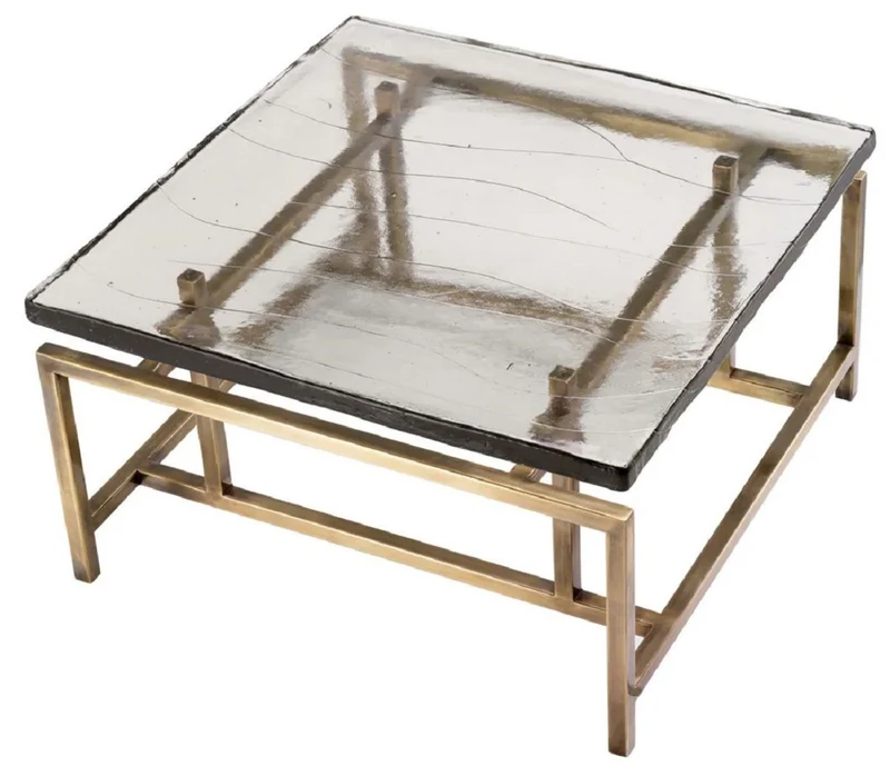 Casa Padrino Luxus Couchtisch Vintage Messing 60,5 x 60,5 x H. 34 cm - Quadratischer Edelstahl Wohnzimmertisch mit Glasplatte - Wohnzimmer Möbel - Hotel Möbel - Luxus Möbel - Luxus Qualität