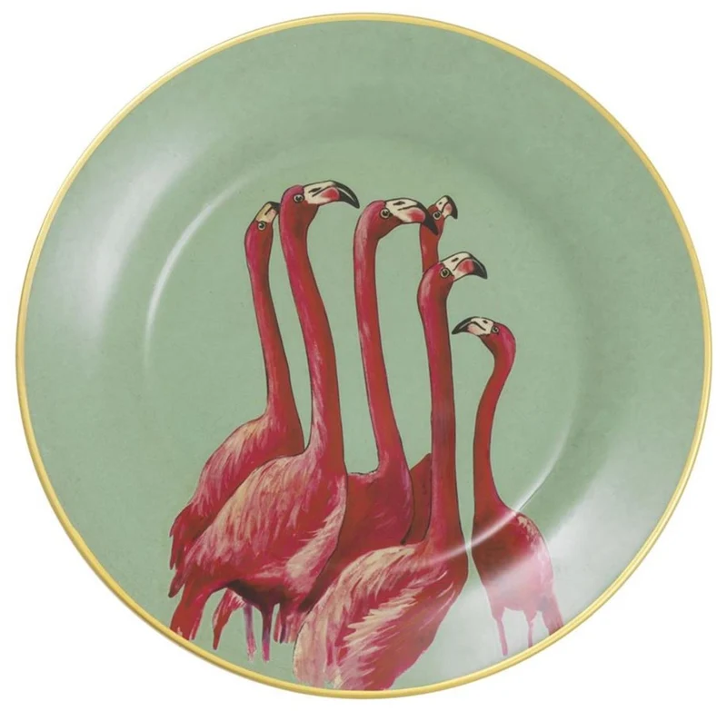 Casa Padrino Deko Porzellan Wandteller 8er Set Flamingos & Federn Mehrfarbig / Gold Ø 27 cm - Luxus Wanddeko