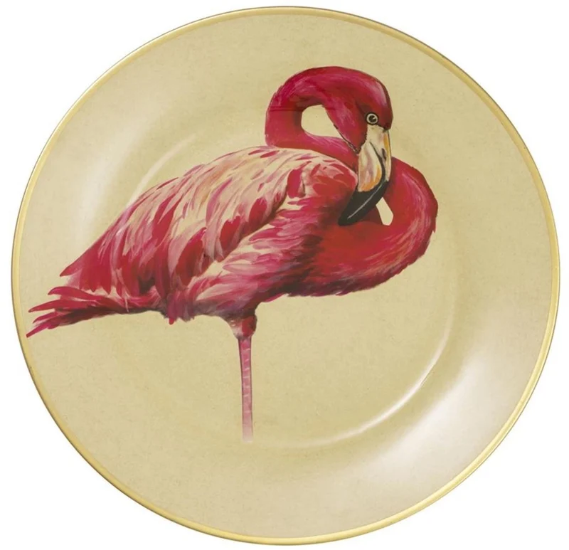 Casa Padrino Deko Porzellan Wandteller 8er Set Flamingos & Federn Mehrfarbig / Gold Ø 27 cm - Luxus Wanddeko