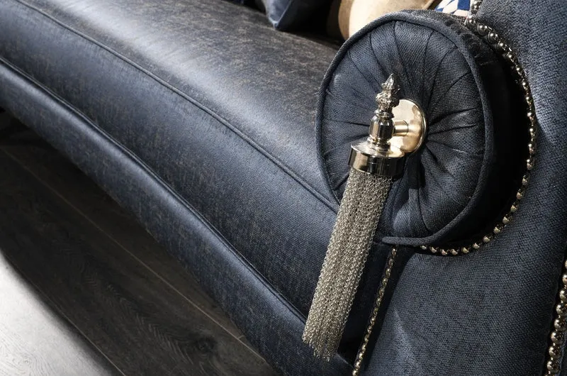 Casa Padrino Luxus Barock Wohnzimmer Sofa Blau / Silber / Schwarz 300 x 94 x H. 88 cm - Edel & Prunkvoll