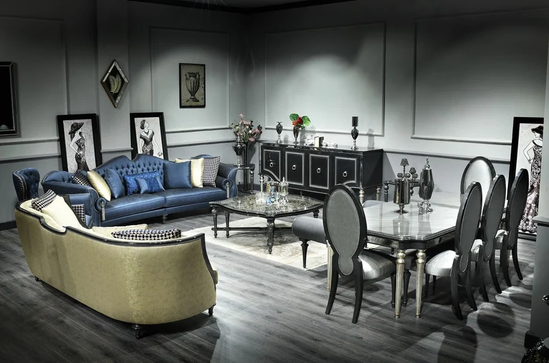 Casa Padrino Luxus Barock Wohnzimmer Sofa Blau / Silber / Schwarz 300 x 94 x H. 88 cm - Edel & Prunkvoll