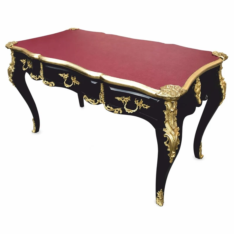 Casa Padrino Barock Schreibtisch Schwarz / Gold / Bordeauxrot 141 cm - Prunkvoller Barockstil Sekretär mit 3 Schubladen - Barock Büro Möbel