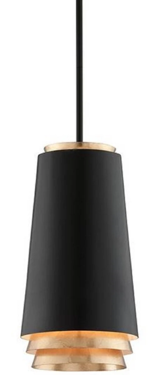 Casa Padrino Luxus LED Hängeleuchte Schwarz / Gold Ø 21 x H. 38,1 cm - Runde Metall Pendelleuchte mit Blattgold