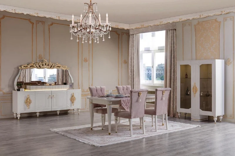 Casa Padrino Luxus Barock Esstisch Weiß / Gold - Prunkvoller Massivholz Esszimmertisch im Barockstil - Barock Esszimmer Möbel - Luxus Esszimmer Möbel im Barockstil - Edel & Prunkvoll
