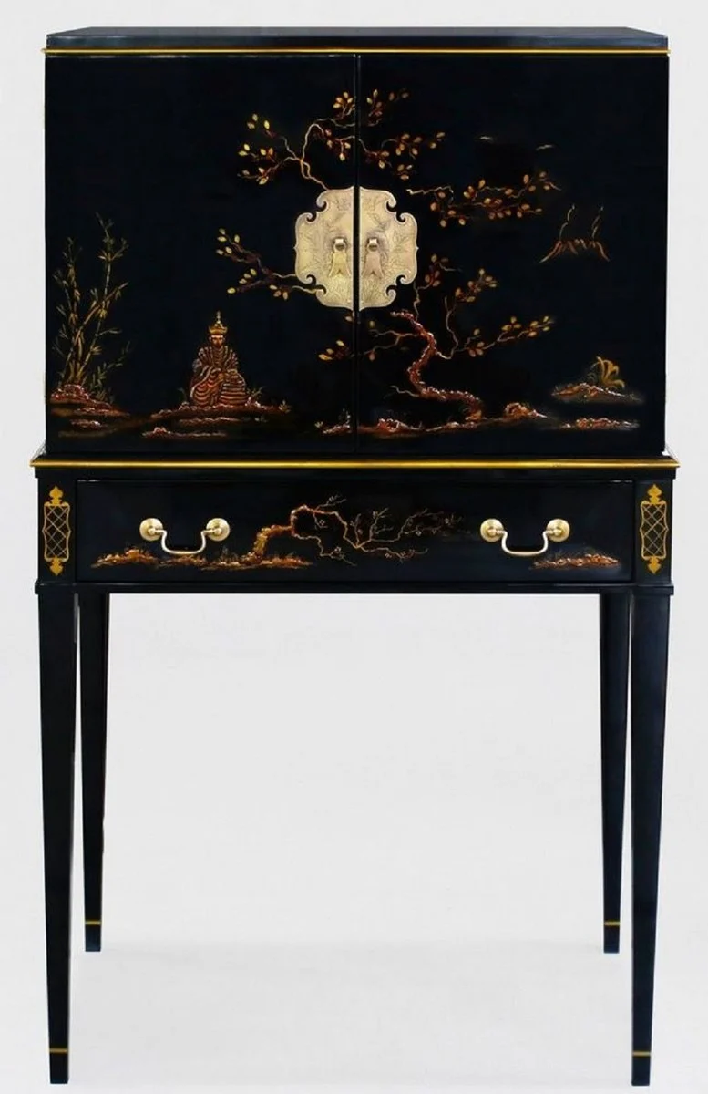 Casa Padrino Luxus Barock Schrank mit 11 Schubladen Schwarz / Gold - Wohnzimmer Schrank im chinesischen Stil - Büroschrank - Luxus Möbel im Barockstil - Barock Möbel - Barock Einrichtung