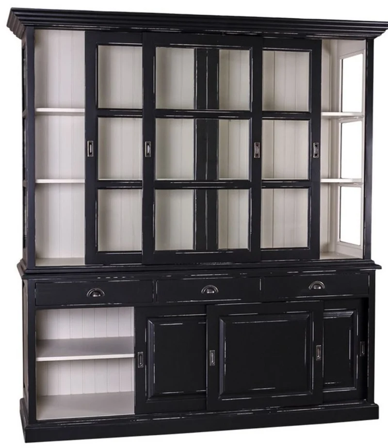 Casa Padrino Landhausstil Küchenschrank Antik Schwarz / Weiß 206 x 53 x H. 219 cm - 2 Teiliger Küchenschrank mit 6 Schiebetüren und 3 Schubladen
