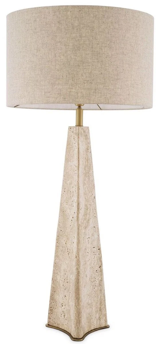 Casa Padrino Luxus Tischleuchte Beige / Antik Messing Ø 48 x H. 106,5 cm - Travertin Schreibtischleuchte mit rundem Lampenschirm - Luxus Tischleuchten - Luxus Kollektion