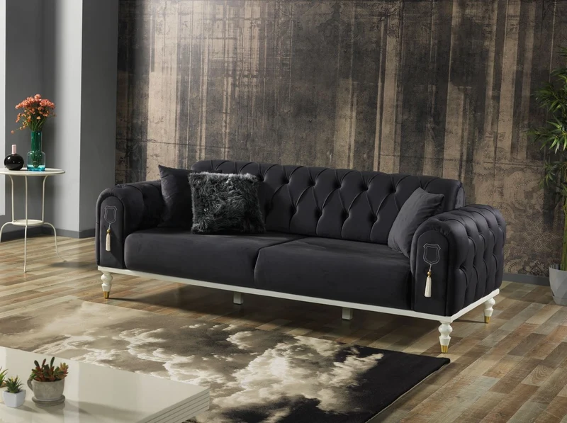 Casa Padrino Luxus Chesterfield Schlafsofa Dunkelgrau / Weiß / Gold 230 x 95 x H. 83 cm - Wohnzimmer Sofa mit 3 Kissen - Luxus Wohnzimmer Möbel
