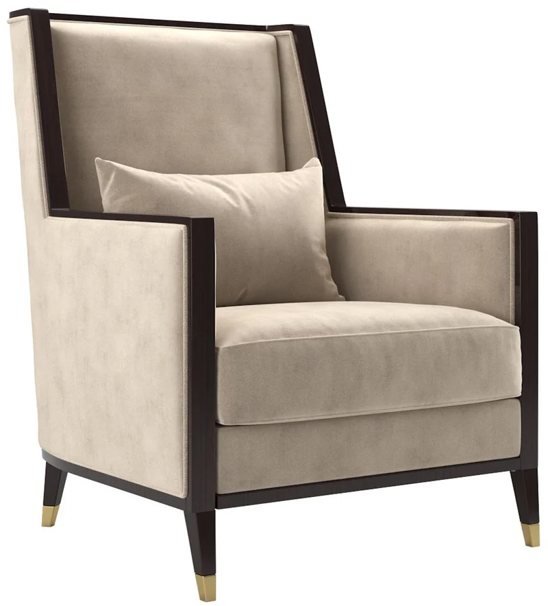 Casa Padrino Luxus Art Deco Samt Sessel Beige / Dunkelbraun Hochglanz / Gold 75 x 75 x H. 105 cm - Edler Wohnzimmer Sessel - Luxus Art Deco Möbel