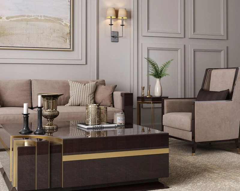 Casa Padrino Luxus Art Deco Samt Sessel Beige / Dunkelbraun Hochglanz / Gold 75 x 75 x H. 105 cm - Edler Wohnzimmer Sessel - Luxus Art Deco Möbel
