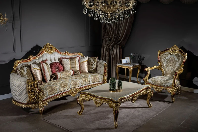 Casa Padrino Luxus Barock Wohnzimmer Set Grau / Rot / Gold - 2 Sofas & 2 Sessel & 1 Couchtisch - Wohnzimmer Möbel im Barockstil - Edel & Prunkvoll