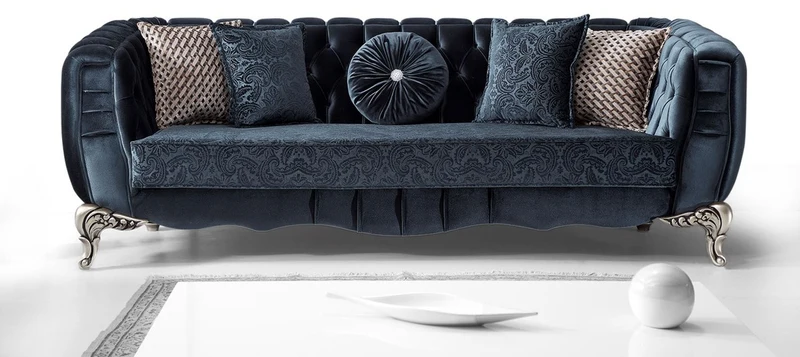 Casa Padrino Luxus Barock Sofa Blau / Silber 235 x 103 x H. 82 cm - Barockstil Wohnzimmer Sofa mit dekorativen Kissen - Barock Wohnzimmer Möbel