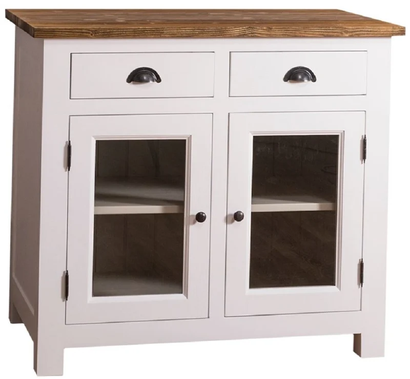 Casa Padrino Landhausstil Küchenschrank mit 2 Glastüren und 2 Schubladen Weiß / Grau / Braun 100 x 65 x H. 90 cm - Küchenmöbel im Landhausstil