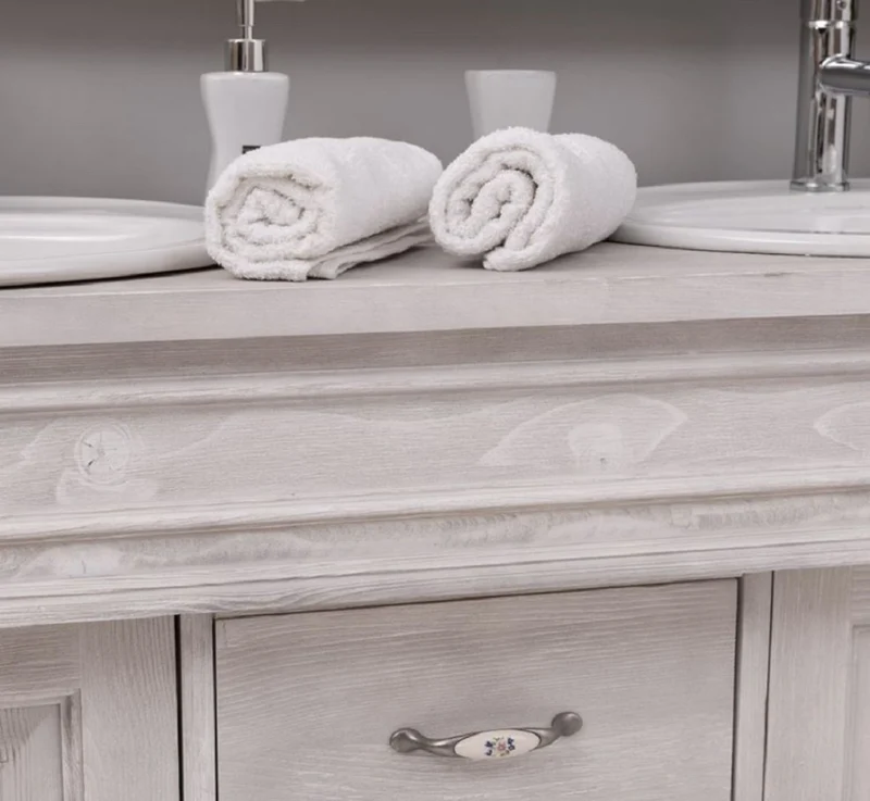 Casa Padrino Landhausstil Badezimmer Set Hellgrau - 1 Doppelwaschtisch & 2 Waschbecken & 2 Wasserhähne & 1 Wandspiegel - Massivholz Badezimmer Möbel im Landhausstil