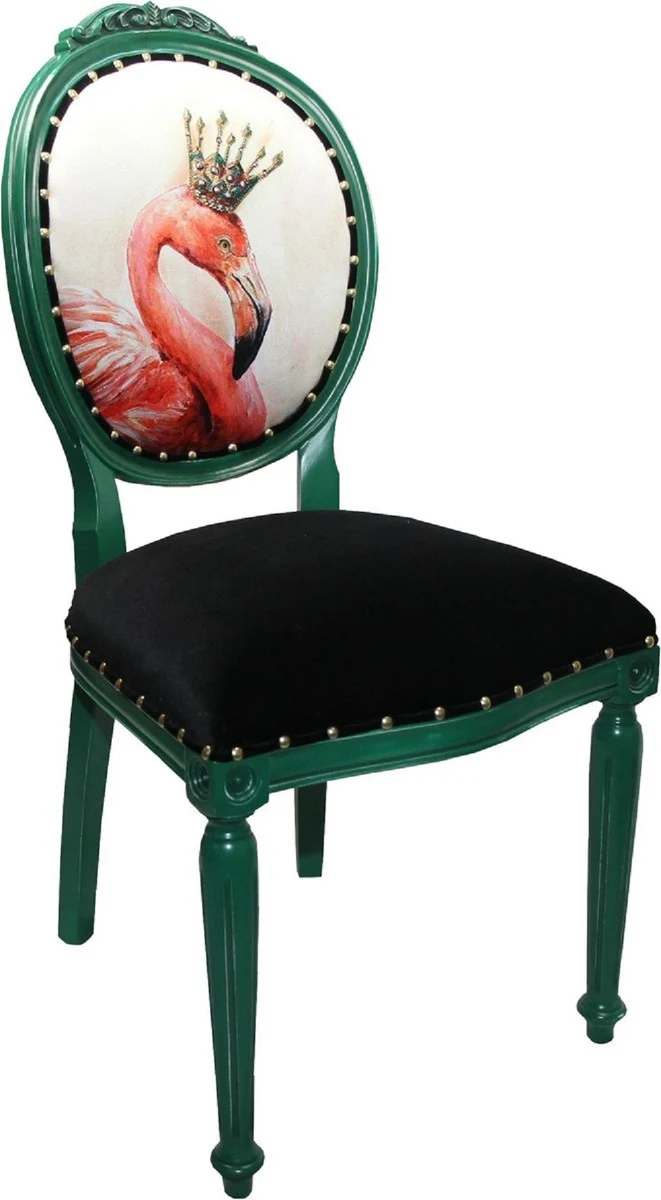 Casa Padrino Luxus Barock Esszimmer Set Flamingo mit Krone Grün / Schwarz / Mehrfarbig 48 x 50 x H. 98 cm - 6 handgefertigte Esszimmerstühle mit Bling Bling Glitzersteinen - Barock Esszimmermöbel