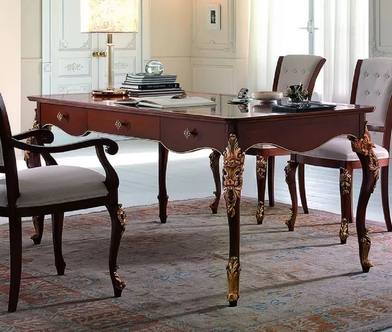 Casa Padrino Luxus Barock Schreibtisch mit 3 Schubladen Braun / Gold - Handgefertigter Bürotisch im Barockstil - Barock Büro Möbel - Luxus Möbel im Barockstil - Luxus Qualität - Made in Italy