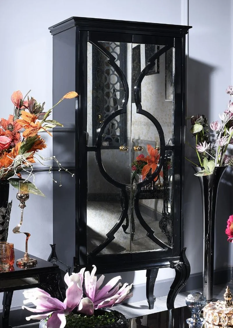 Casa Padrino Luxus Barock Wohnzimmerschrank Schwarz 81 x 45 x H. 192 cm - Massivholz Schrank mit 2 verspiegelten Türen - Barock Wohnzimmermöbel