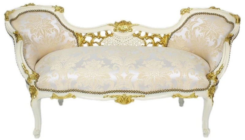 Casa Padrino Barock Sitzbank Silber / Creme / Weiß / Gold 150 x 55 x H. 80 cm - Prunkvolle Massivholz Bank mit edlem Muster - Barock Wohnzimmer Möbel