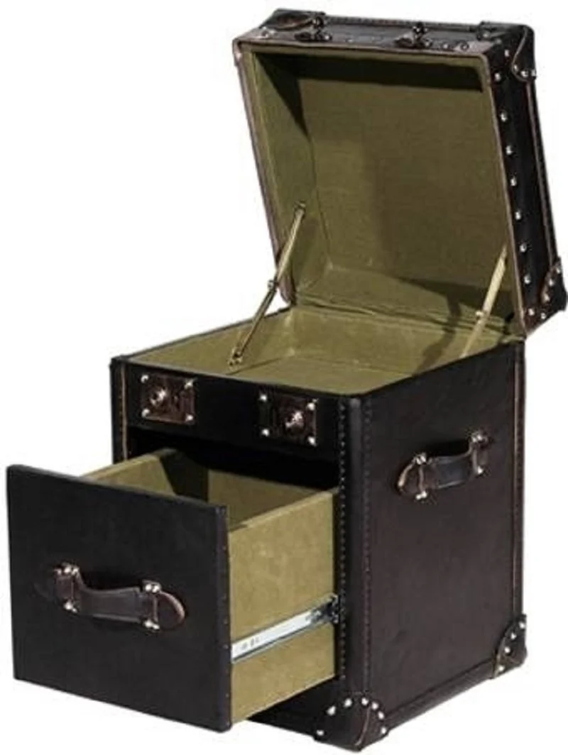 Casa Padrino Luxus Rindsleder Beistelltisch mit Deckel und Schublade Schwarz 47 x 45 x H. 57 cm - Handgefertigter Lampentisch im Kofferlook