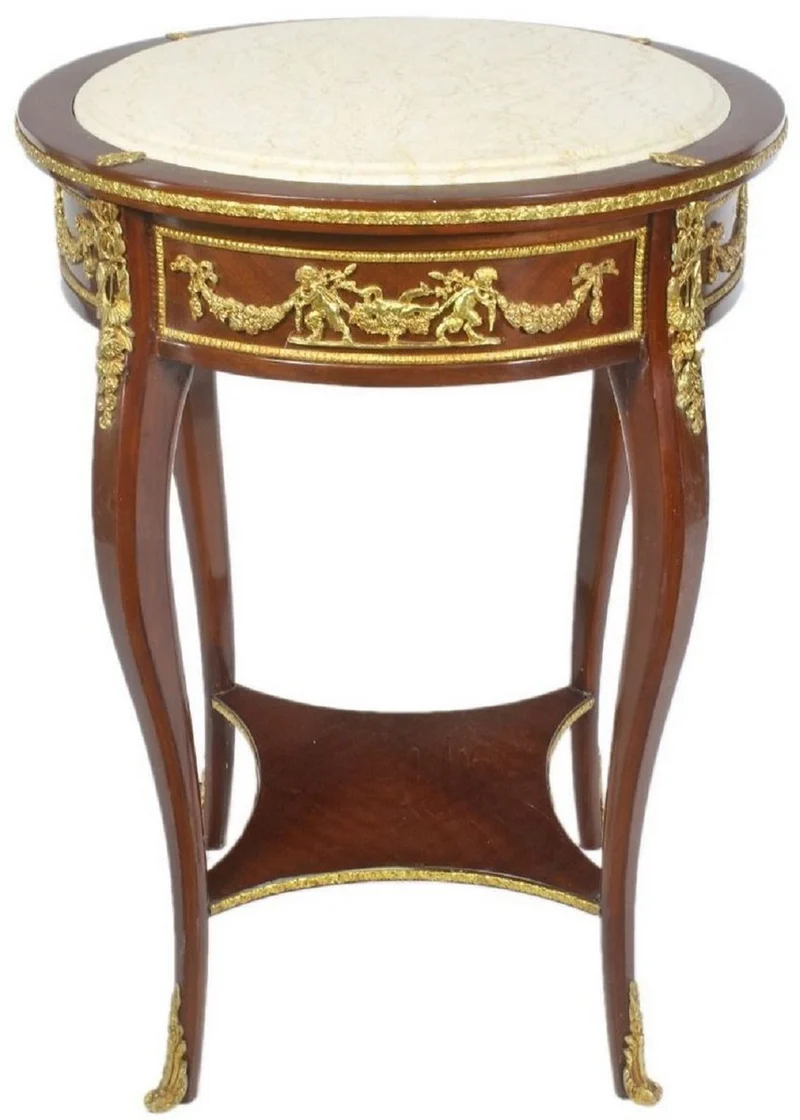 Casa Padrino Barock Beistelltisch mit Marmorplatte Braun / Gold / Creme Ø 45 x H. 75 cm - Runder Tisch im Barockstil - Barock Möbel