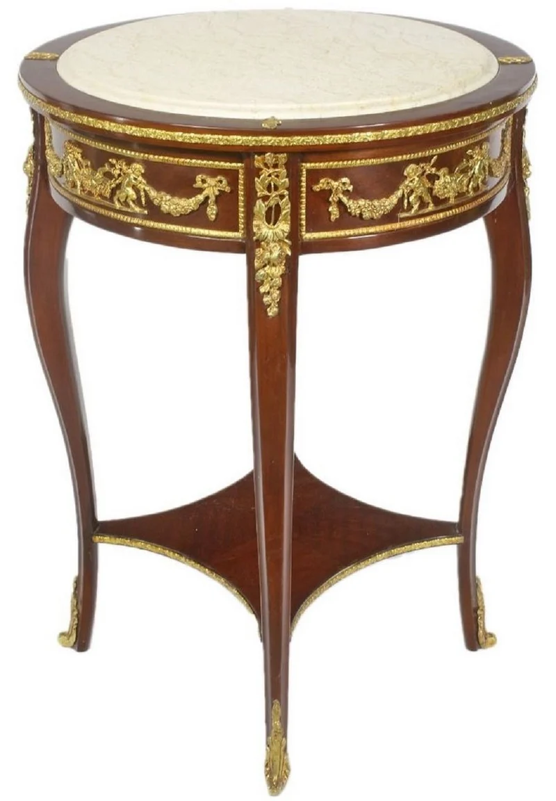 Casa Padrino Barock Beistelltisch mit Marmorplatte Braun / Gold / Creme Ø 45 x H. 75 cm - Runder Tisch im Barockstil - Barock Möbel