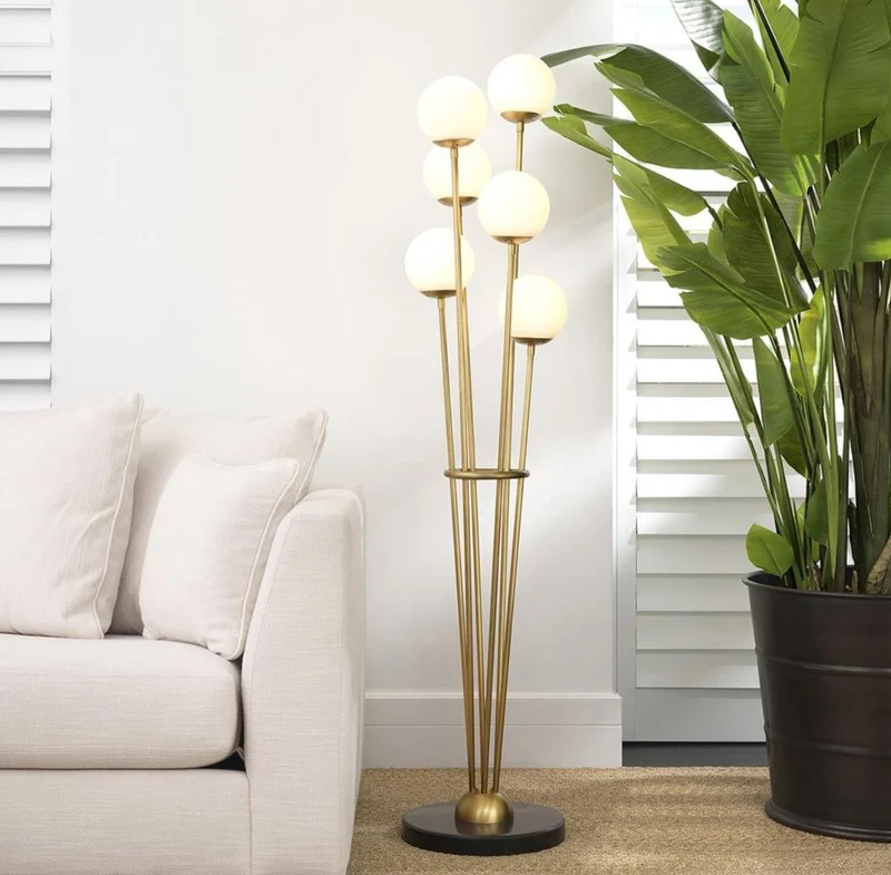 Casa Padrino Luxus Stehleuchte Antik Messingfarben / Schwarz / Weiß Ø 42 x H. 169 cm - Designer Stehlampe mit Marmorsockel und kugelförmigen Glas Lampenschirmen