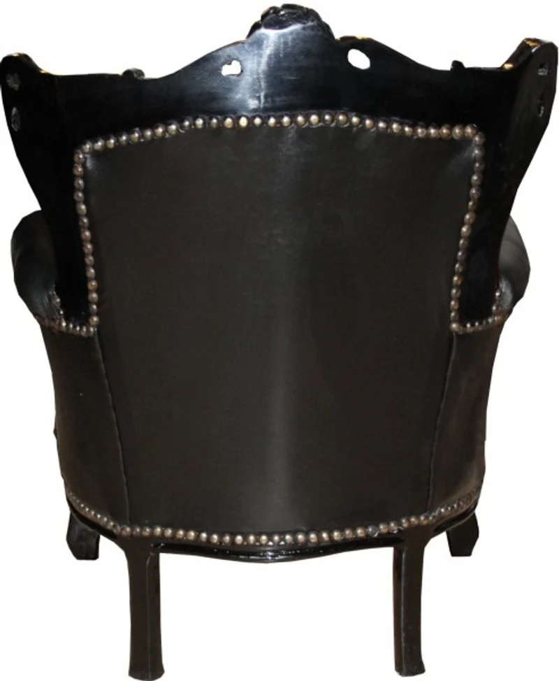 Casa Padrino Barock Kinder Sessel im exklusiven Design, Schwarz / Schwarz Lederoptik, Höhe 84 cm, Breite 58 cm