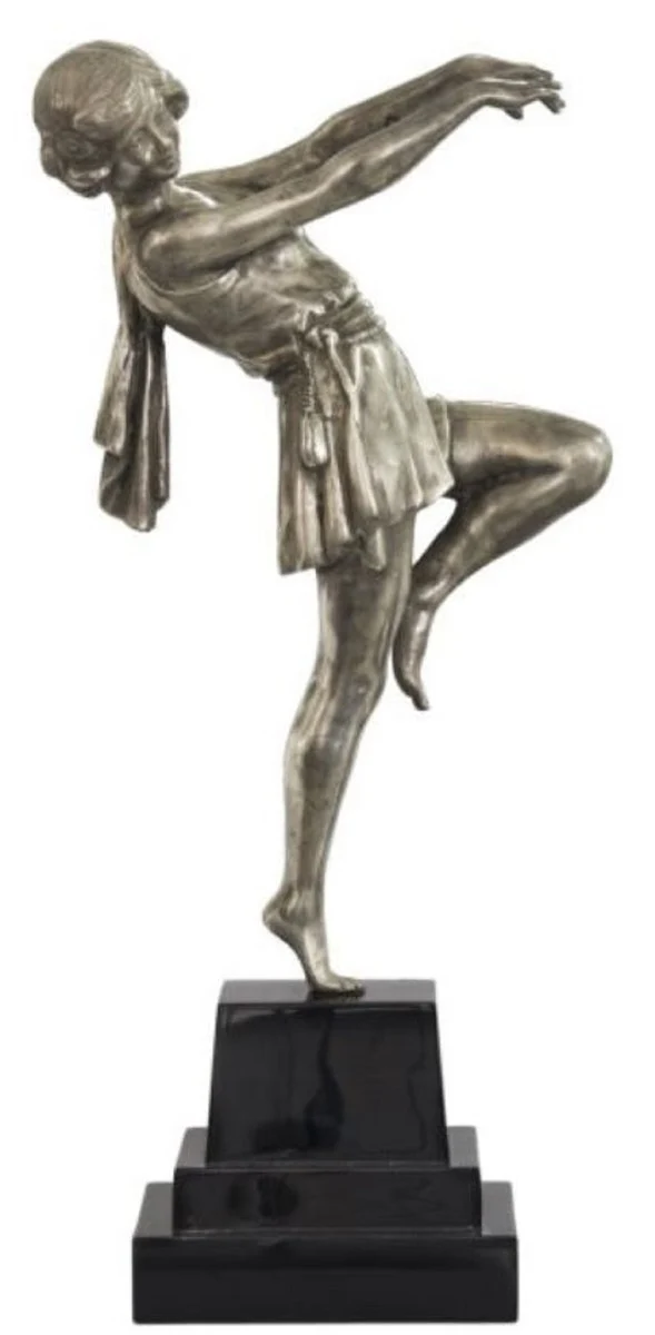 Casa Padrino Luxus Bronzefigur tanzende Dame Silber / Schwarz 22 x 11 x H. 51 cm - Dekofigur auf Holzsockel