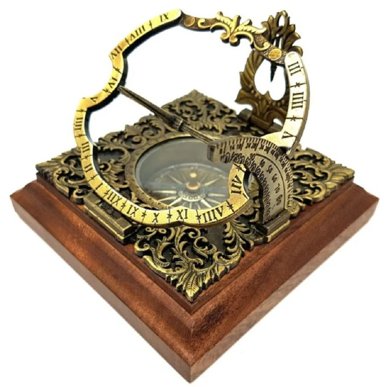 Casa Padrino Luxus Antik Stil Sonnenuhr Gold / Braun 10 x 10 x H. 10 cm - Messing Tischsonnenuhr mit Holzsockel - Luxus Deko Accessoires - Antik Stil Deko Accessoires