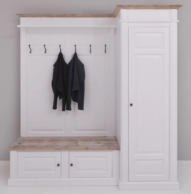 Casa Padrino Landhausstil Garderobenschrank Weiß / Naturfarben 205 x 65 x H. 210 cm - Massivholz Garderobe - Flur Schrank - Flurmöbel - Garderoben Möbel - Massivholz Möbel - Landhausstil Möbel