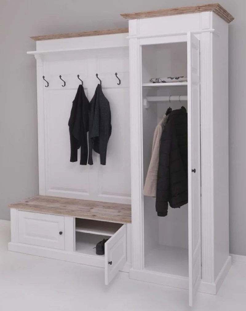 Casa Padrino Landhausstil Garderobenschrank Weiß / Naturfarben 205 x 65 x H. 210 cm - Massivholz Garderobe - Flur Schrank - Flurmöbel - Garderoben Möbel - Massivholz Möbel - Landhausstil Möbel