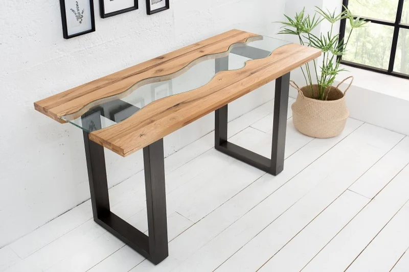 Casa Padrino Designer Massivholz Wildeiche Konsole mit Sicherheitsglas140 x 60 x H.75cm - Konsolen Tisch - Sekretär Konsole - Telefontisch - Hotel Möbel