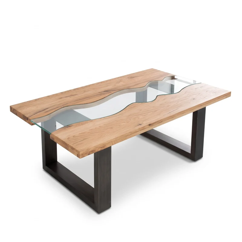 Casa Padrino Designer Massivholz Wildeiche Couchtisch mit Sicherheitsglas Natur 115cm x H. 45cm - Salon Wohnzimmer Tisch